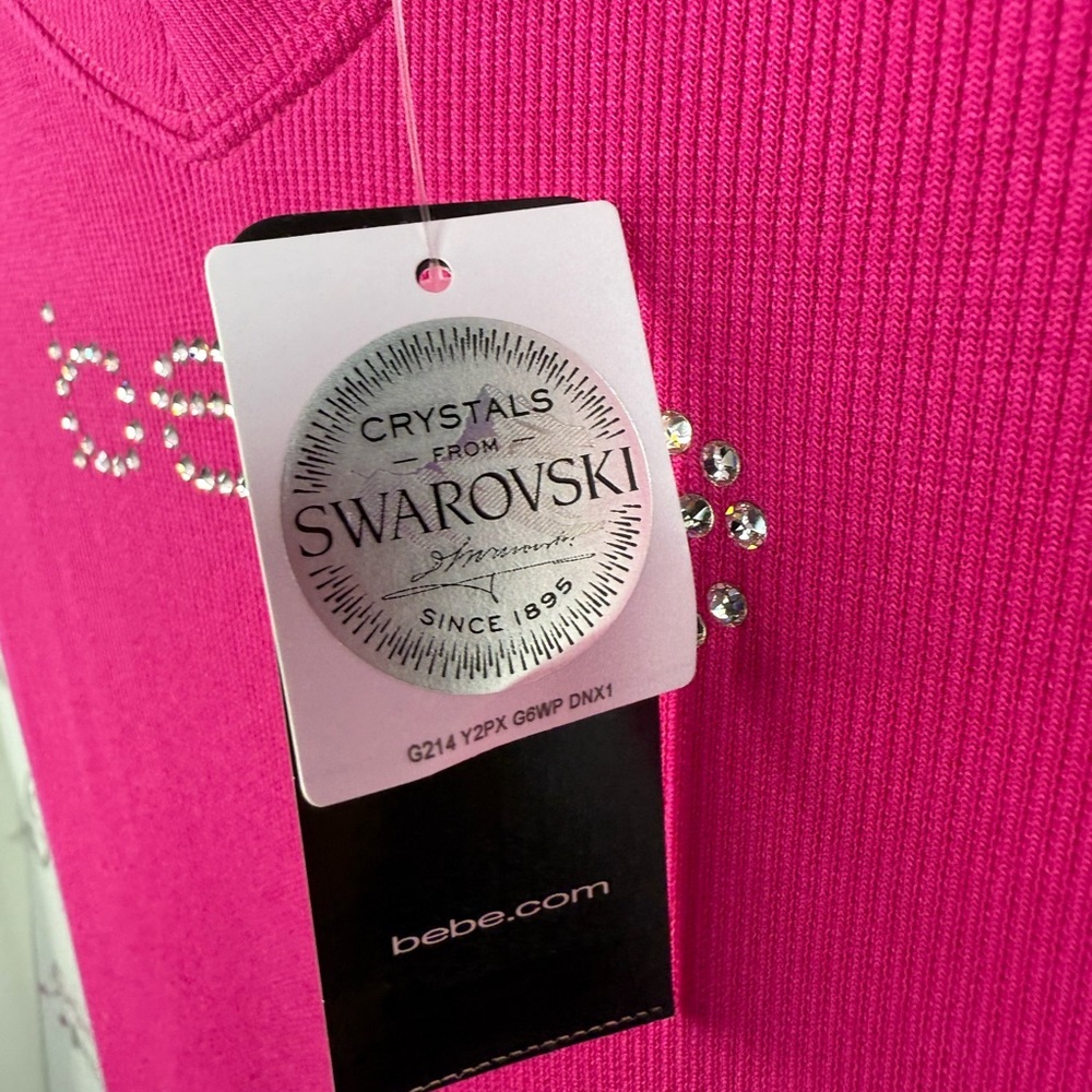 Bebe Swarovski T-shirt rhinestone bling brand new Y2K Women's Fuchsia V-Neck Tee - Picture 4 of 15